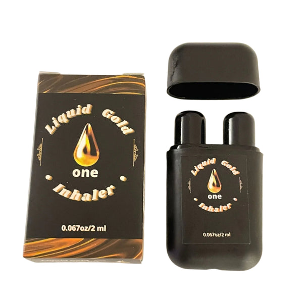 A black nose inhaler with the Liquid Gold One logo with the top off