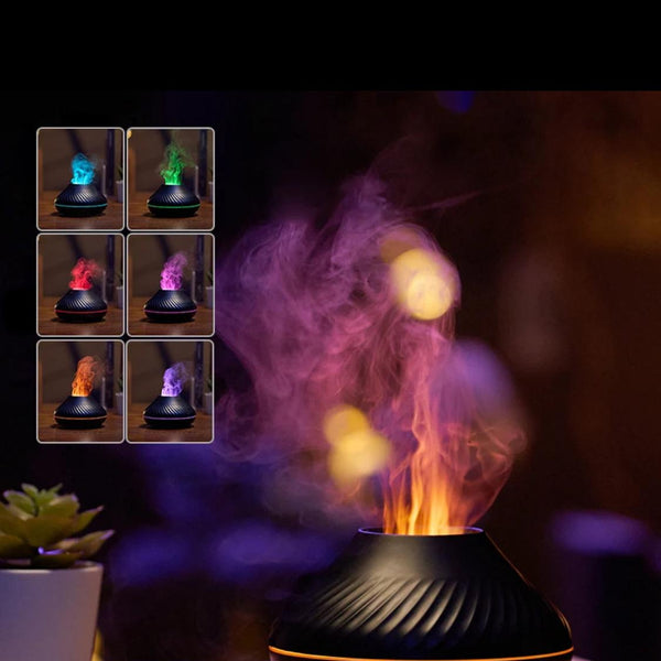 An elegant black diffuser sits on the table with a subtle LED light around the body, emitting puffs of scented smoke in the air. The top left corner has a panel that displays the LED Color variations.