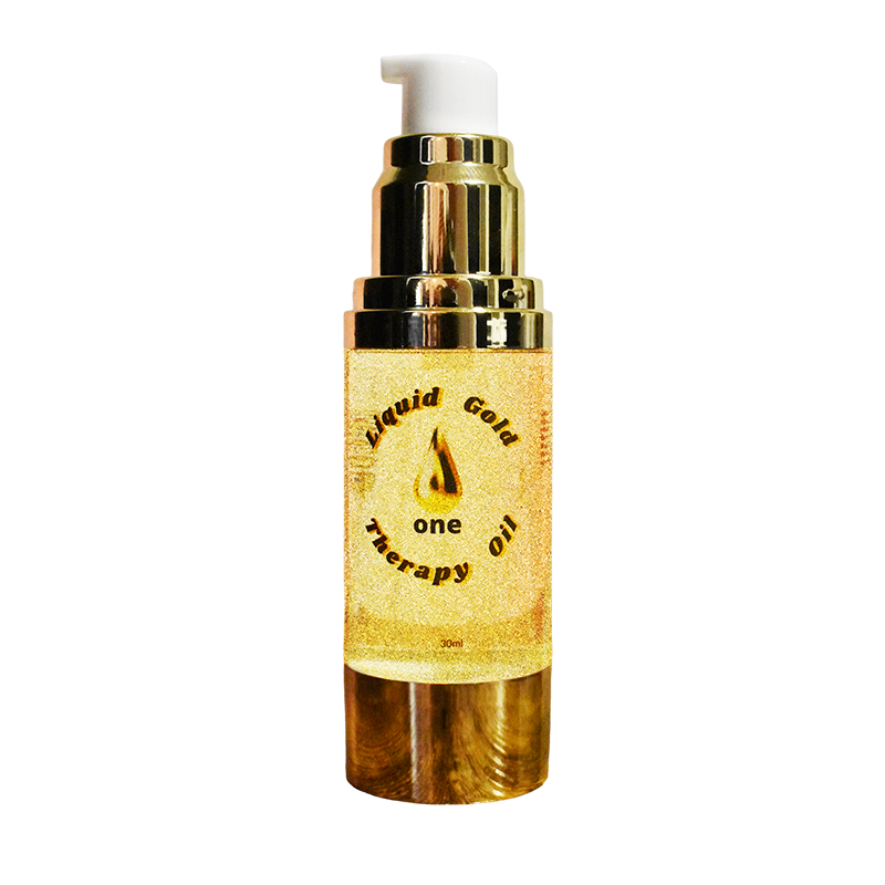 A bottle of Liquid Gold One Therapy Oil without the top (30ml)